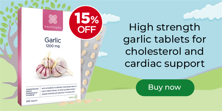 High strength garlic tablets for cholesterol and cardiac support. 15% off. Buy now