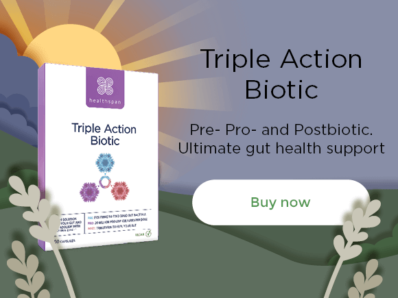 Triple Action Biotic: pre- pro- and postbiotic. Ultimate gut health support