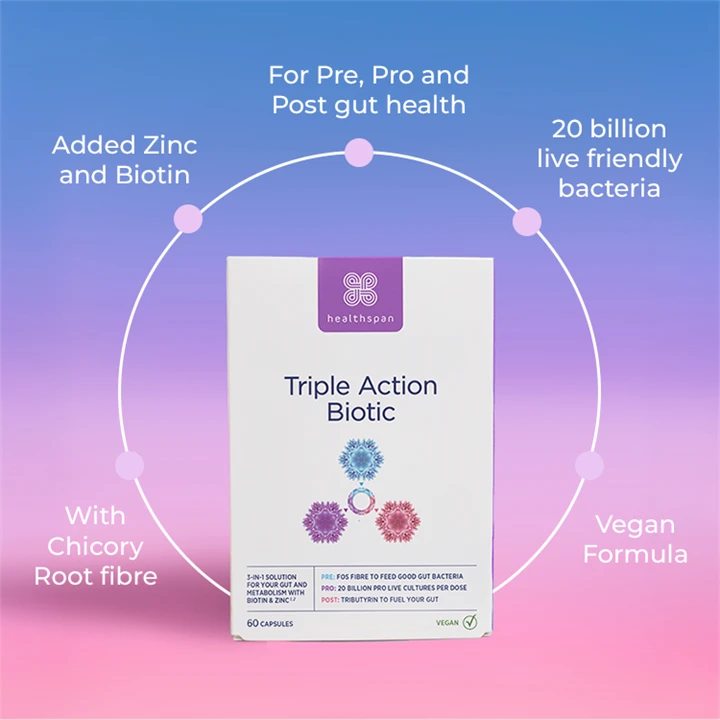 Triple Action Biotic - with chicory root fibre, added zinc and biotin, for pre, pro and post gut health, 20 billion live friendly bacteria, vegan formula