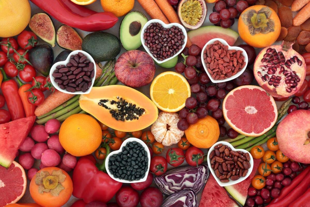 Selection of colourful fruit and vegetables